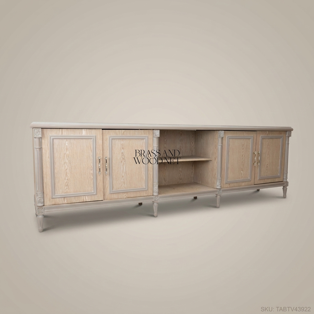 Louis XVI Neoclassical Solid Wood TV Console — Four-Door Open-Bay Design