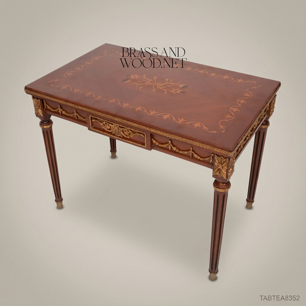 Louis XVI Neoclassical Tea Table with Marquetry Top & Gilt Carvings