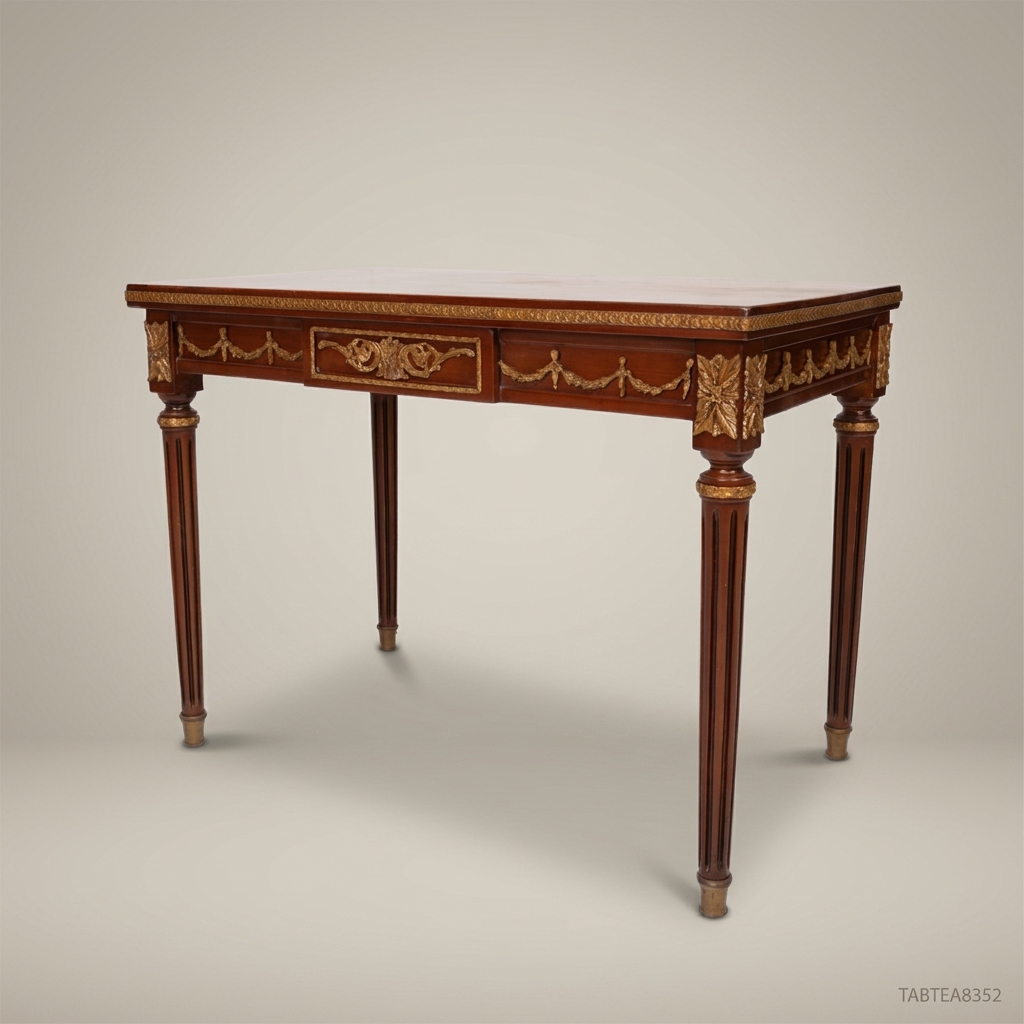 Louis XVI Neoclassical Tea Table with Marquetry Top & Gilt Carvings