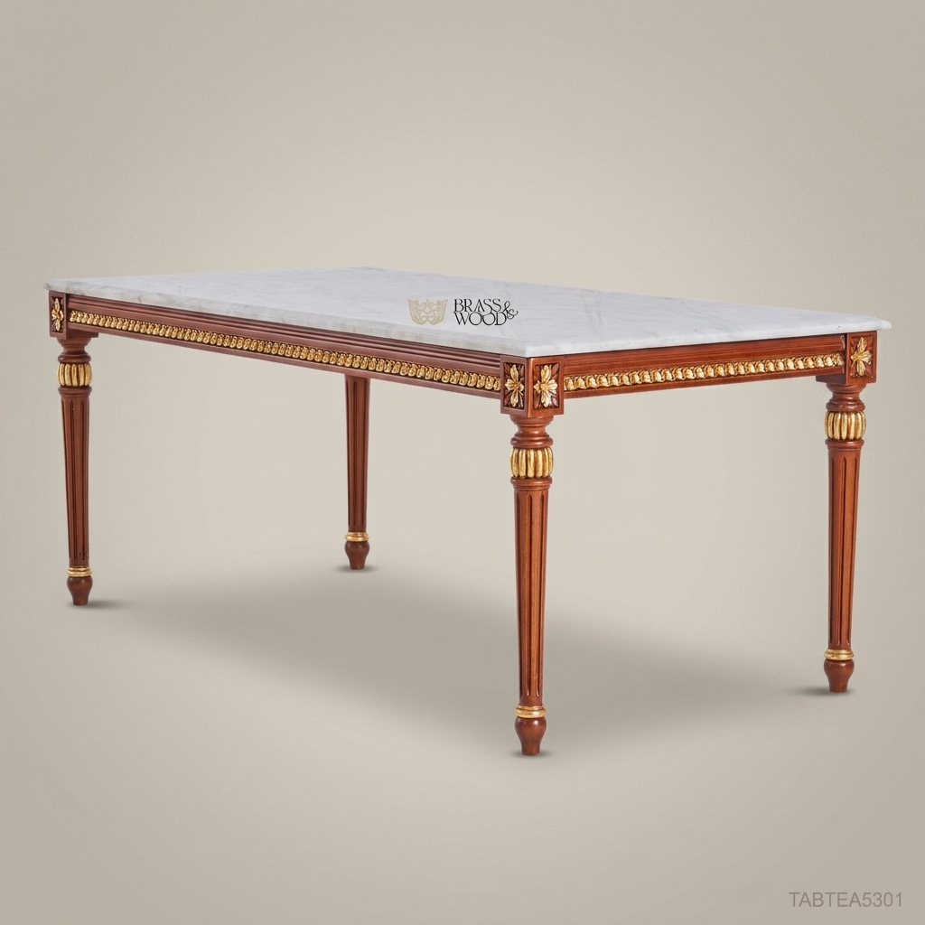 Louis XVI Neoclassical Tea Table – White Marble Top & Gold Leaf Carved Wood