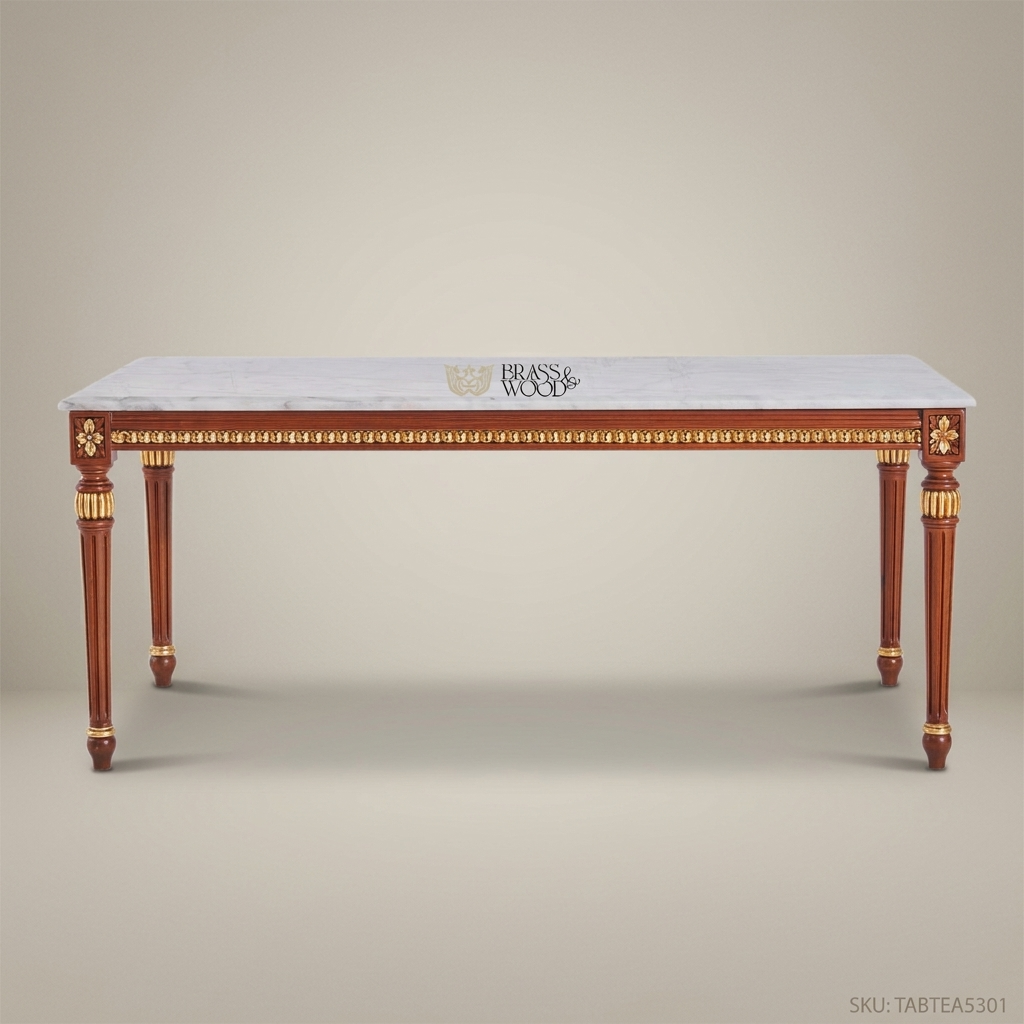 Louis XVI Neoclassical Tea Table – White Marble Top & Gold Leaf Carved Wood