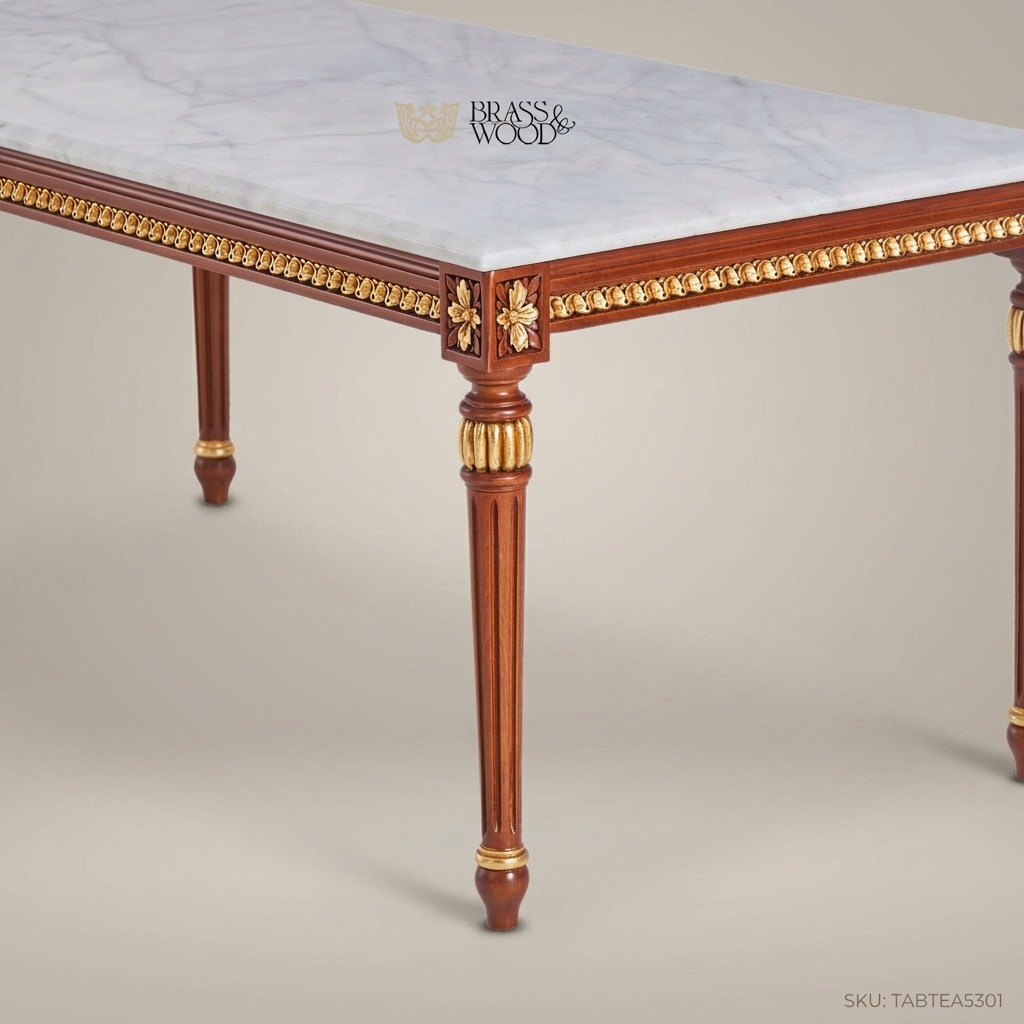 Louis XVI Neoclassical Tea Table – White Marble Top & Gold Leaf Carved Wood