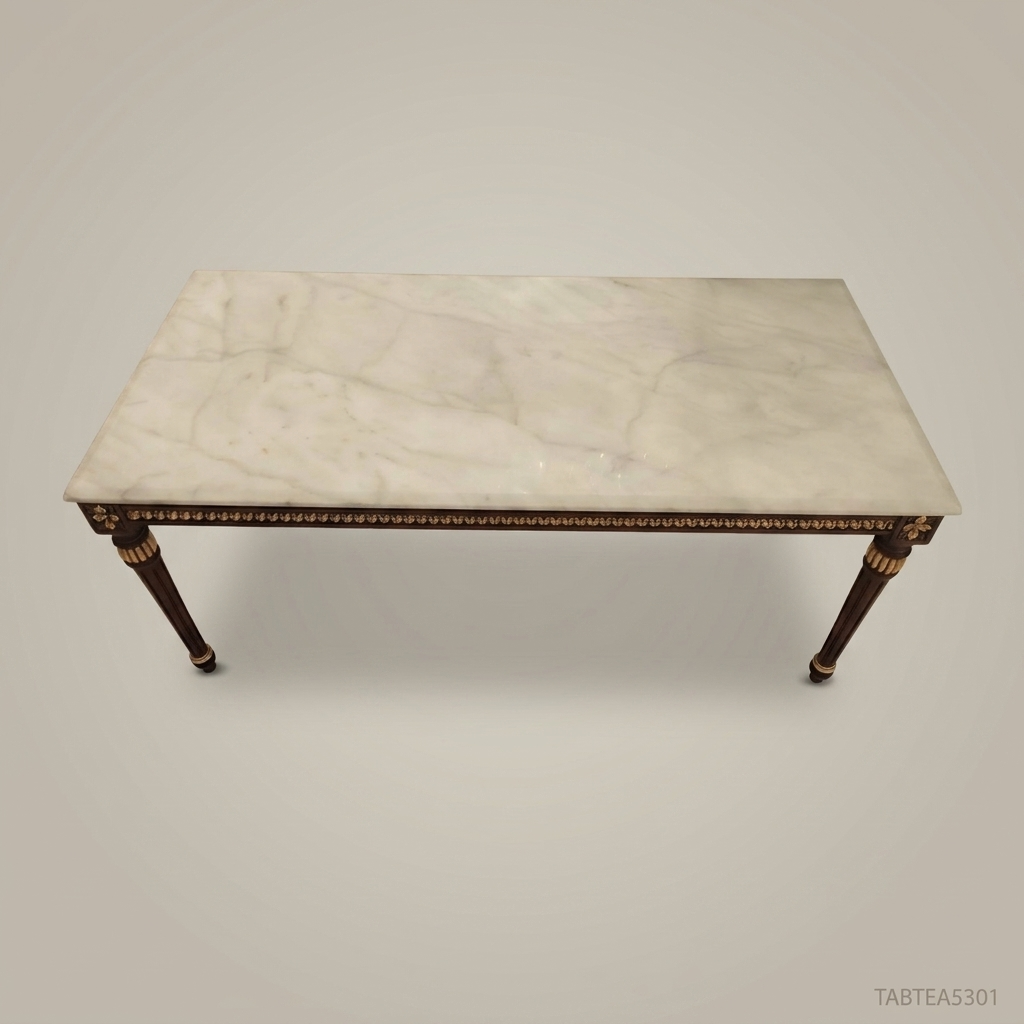 Louis XVI Neoclassical Tea Table – White Marble Top & Gold Leaf Carved Wood