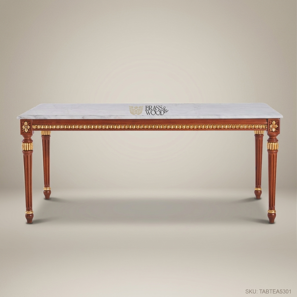 Louis XVI Neoclassical Tea Table – White Marble Top & Gold Leaf Carved Wood