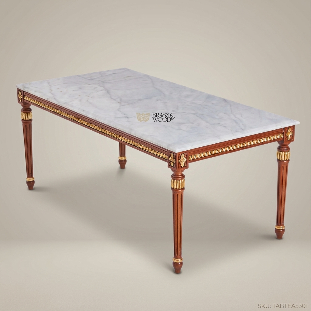Louis XVI Neoclassical Tea Table – White Marble Top & Gold Leaf Carved Wood