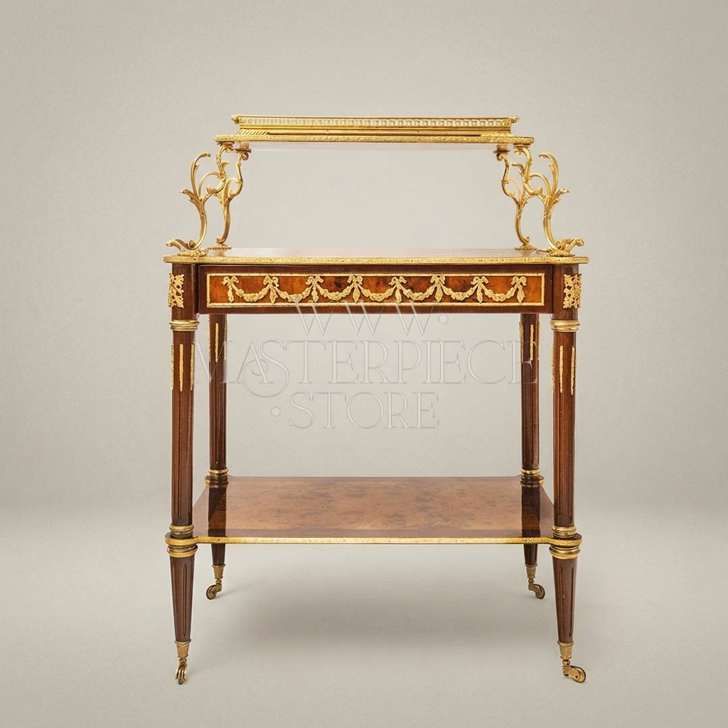 Louis XVI Neoclassical Tea Trolley – Burl Wood & Gilt Bronze Ormolu