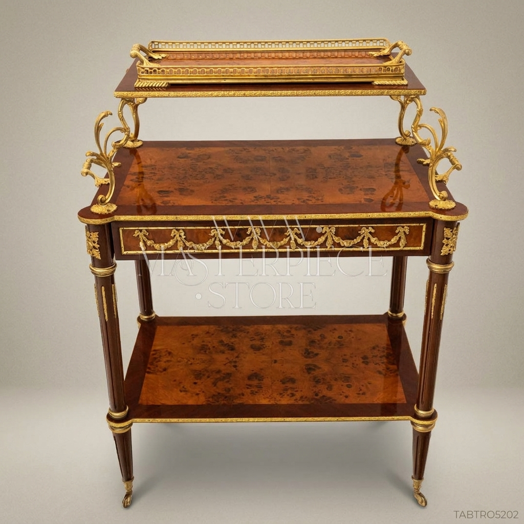 Louis XVI Neoclassical Tea Trolley – Burl Wood & Gilt Bronze Ormolu