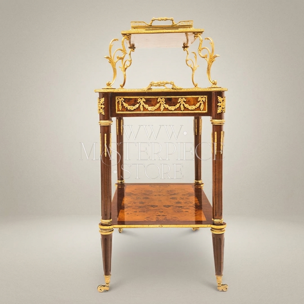 Louis XVI Neoclassical Tea Trolley – Burl Wood & Gilt Bronze Ormolu