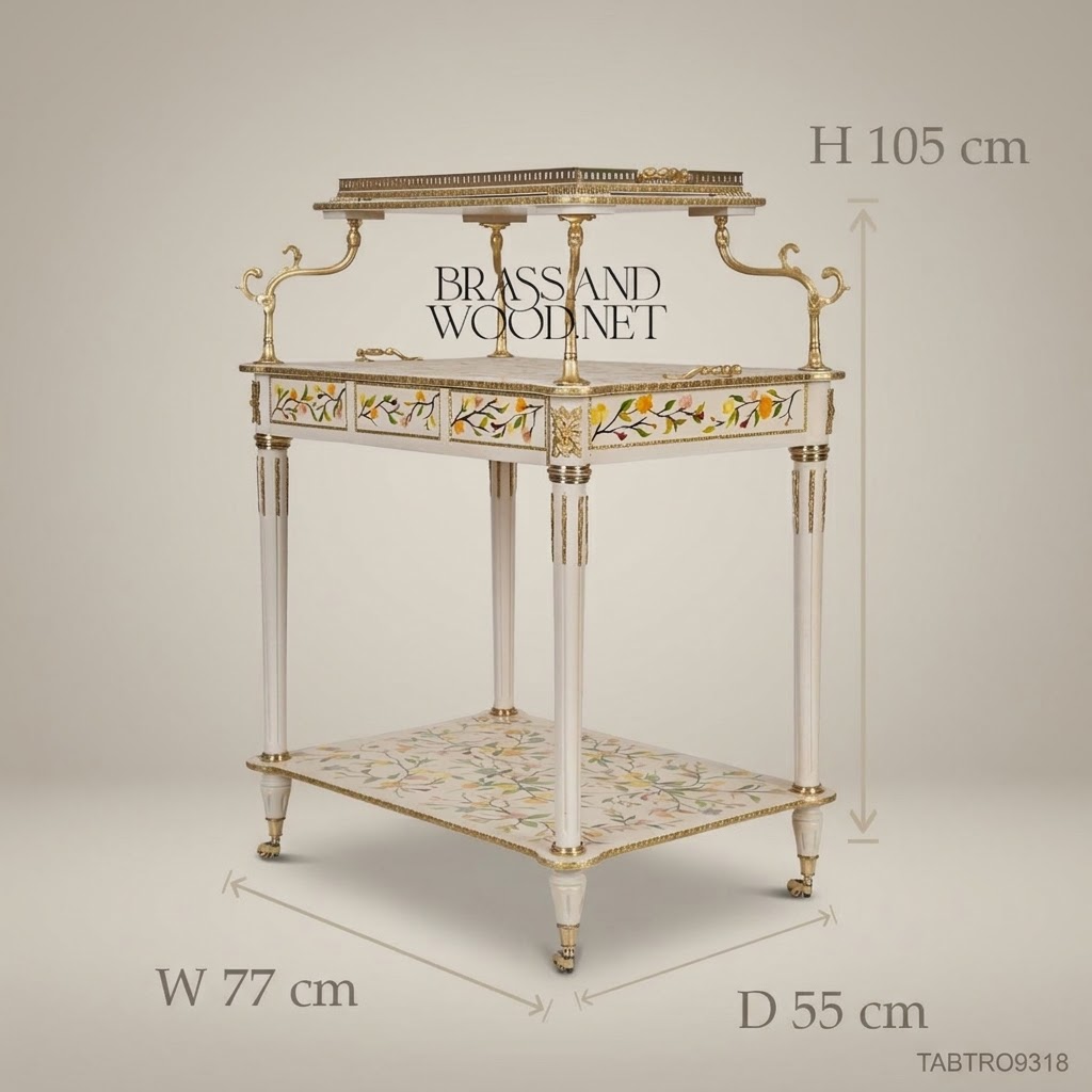 Louis XVI Neoclassical Tea Trolley – Ivory Lacquer & Hand-Painted Floral Brass Inlay