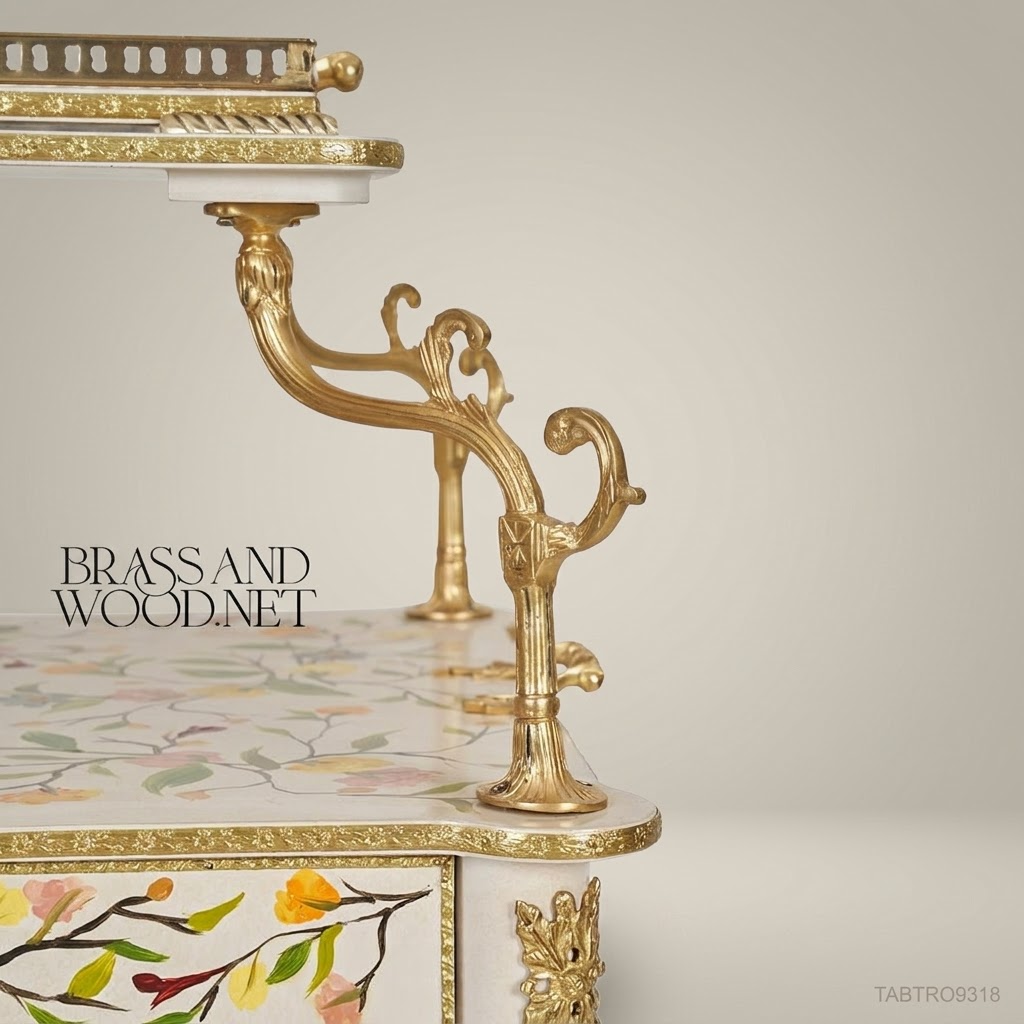 Louis XVI Neoclassical Tea Trolley – Ivory Lacquer & Hand-Painted Floral Brass Inlay