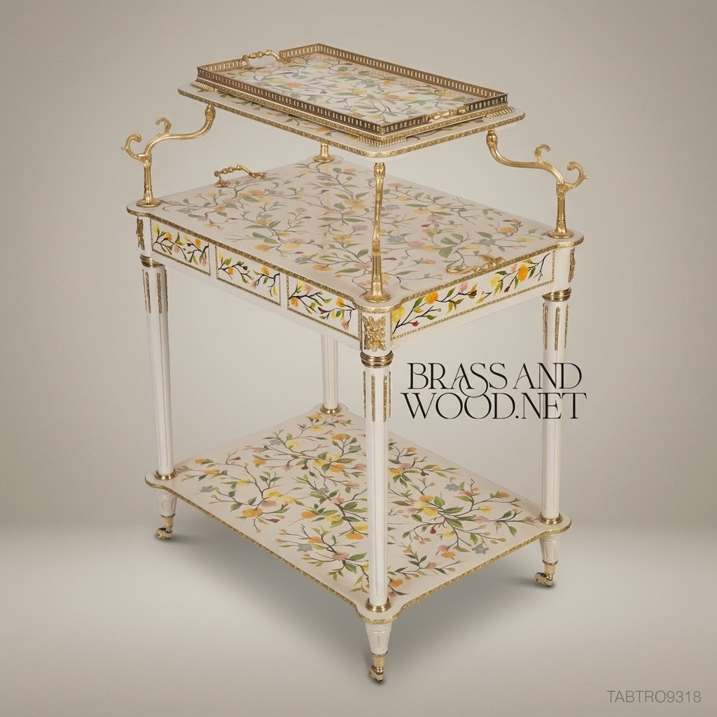 Louis XVI Neoclassical Tea Trolley – Ivory Lacquer & Hand-Painted Floral Brass Inlay