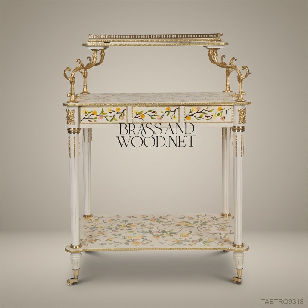 Louis XVI Neoclassical Tea Trolley – Ivory Lacquer & Hand-Painted Floral Brass Inlay