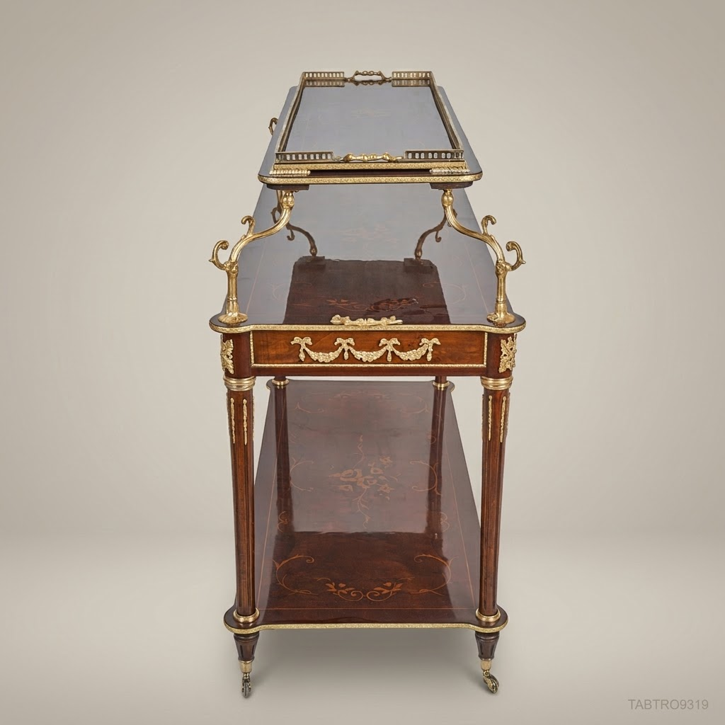 Louis XVI Neoclassical Tea Trolley | Mahogany & Antique Brass Marquetry