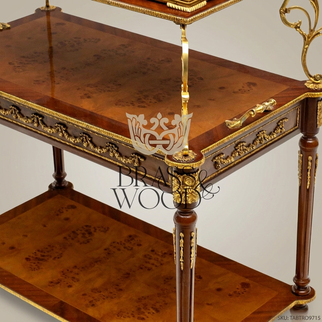 Louis XVI Neoclassical Three-Tier Tea Trolley | Burl Wood & Gilt Brass
