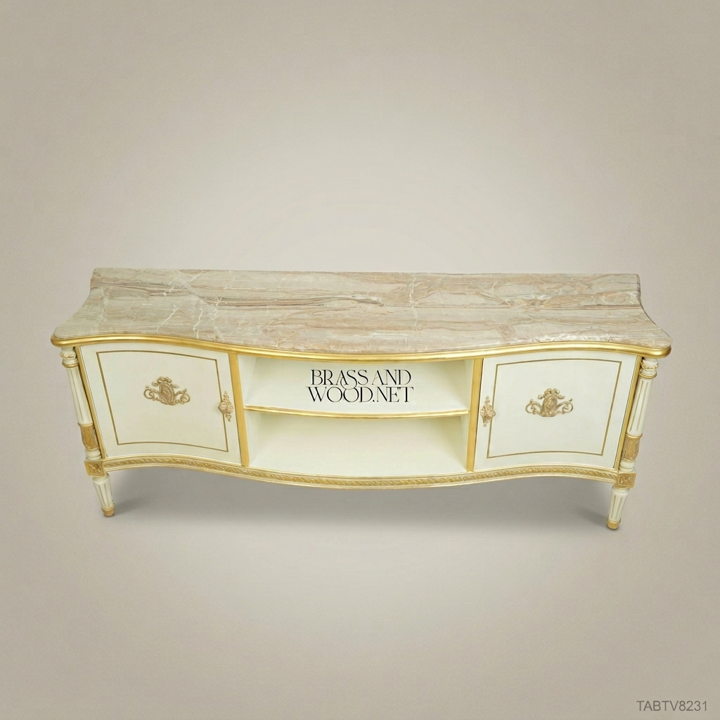 Louis XVI Neoclassical TV Console - Ivory Lacquer, Travertine Top & Gilt Cartouche Mounts