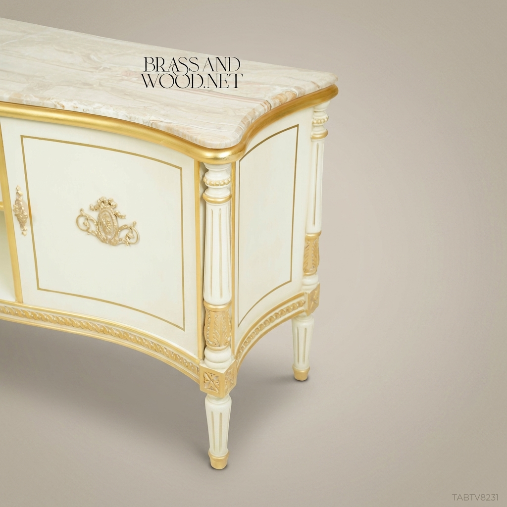 Louis XVI Neoclassical TV Console - Ivory Lacquer, Travertine Top & Gilt Cartouche Mounts