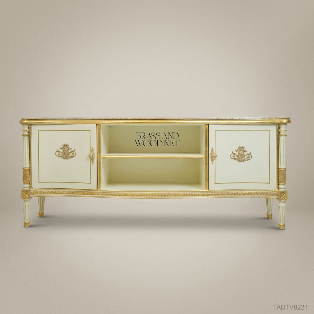 Louis XVI Neoclassical TV Console - Ivory Lacquer, Travertine Top & Gilt Cartouche Mounts