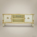 Louis XVI Neoclassical TV Console - Ivory Lacquer, Travertine Top & Gilt Cartouche Mounts