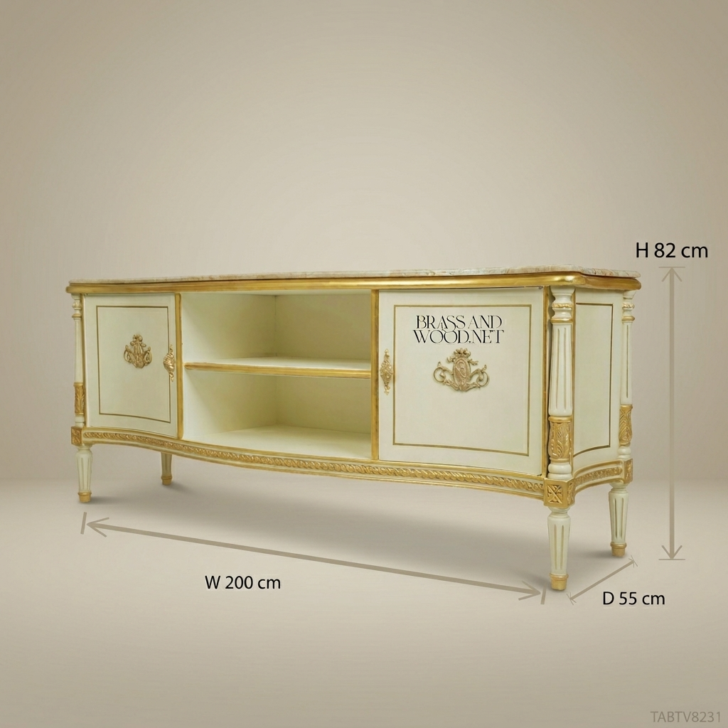Louis XVI Neoclassical TV Console - Ivory Lacquer, Travertine Top & Gilt Cartouche Mounts
