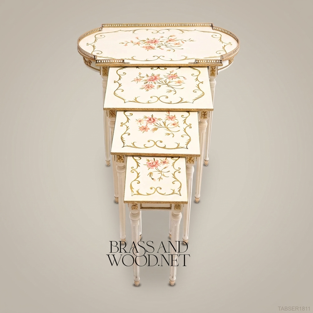 Louis XVI Nesting Service Tables | Ivory Lacquer & Hand-Painted Florals