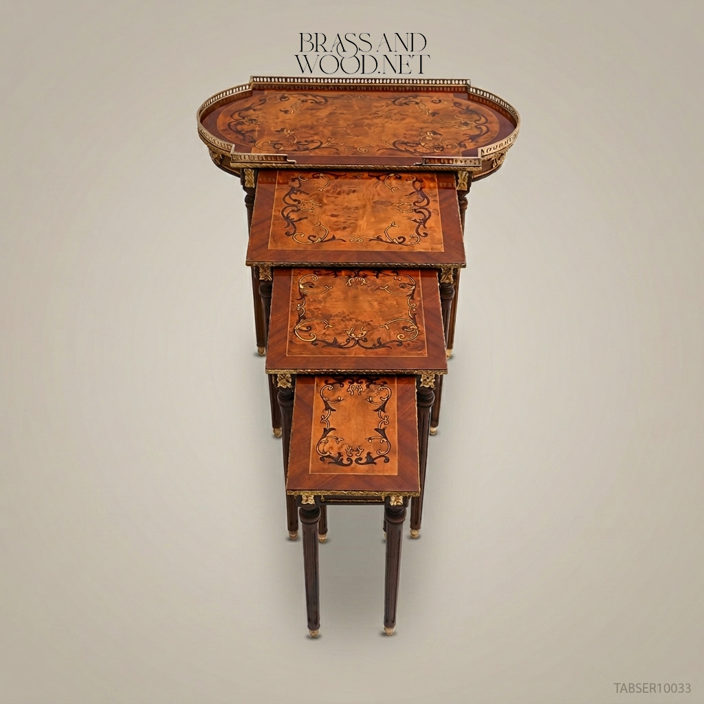 Louis XVI Nesting Service Tables – Marquetry & Brass Inlay Set of 4