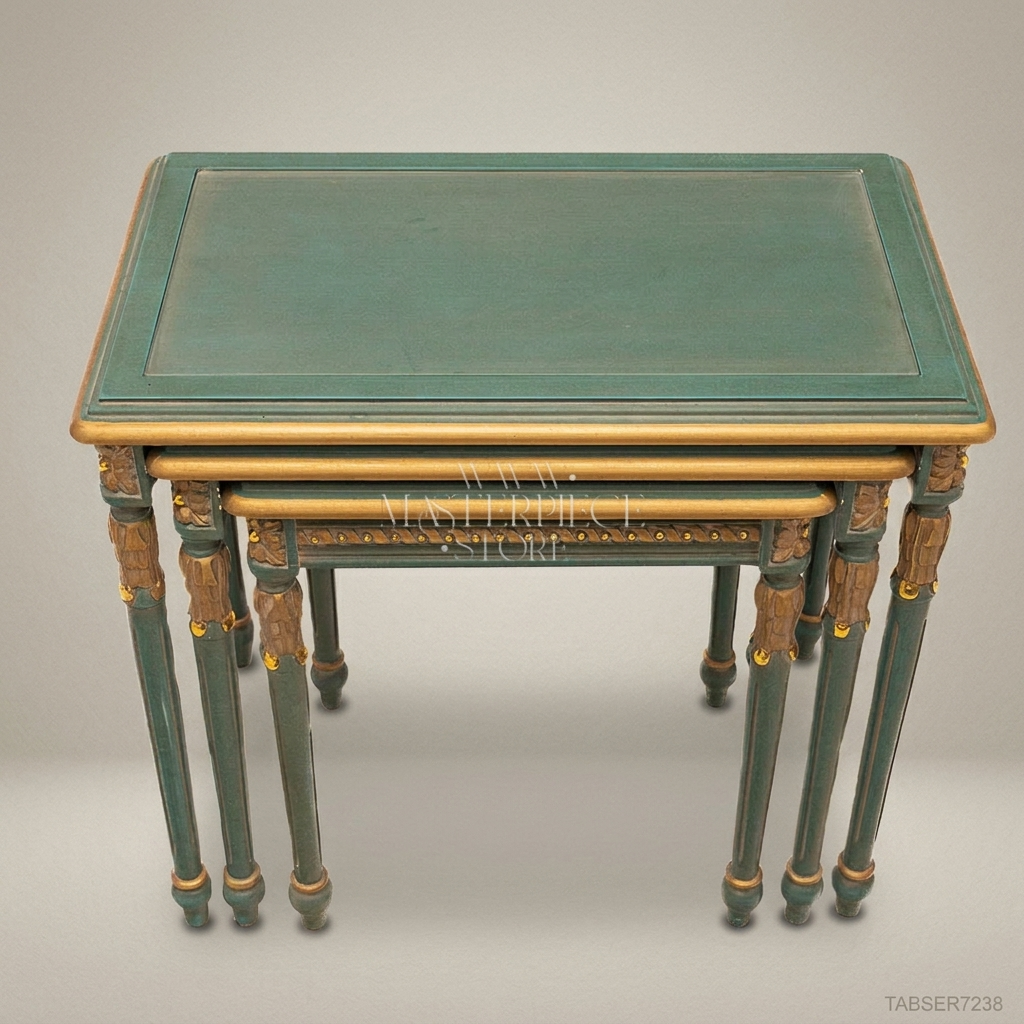 Louis XVI Nesting Tables – Sage Green & Gold Leaf Carved Wood, Set of 3