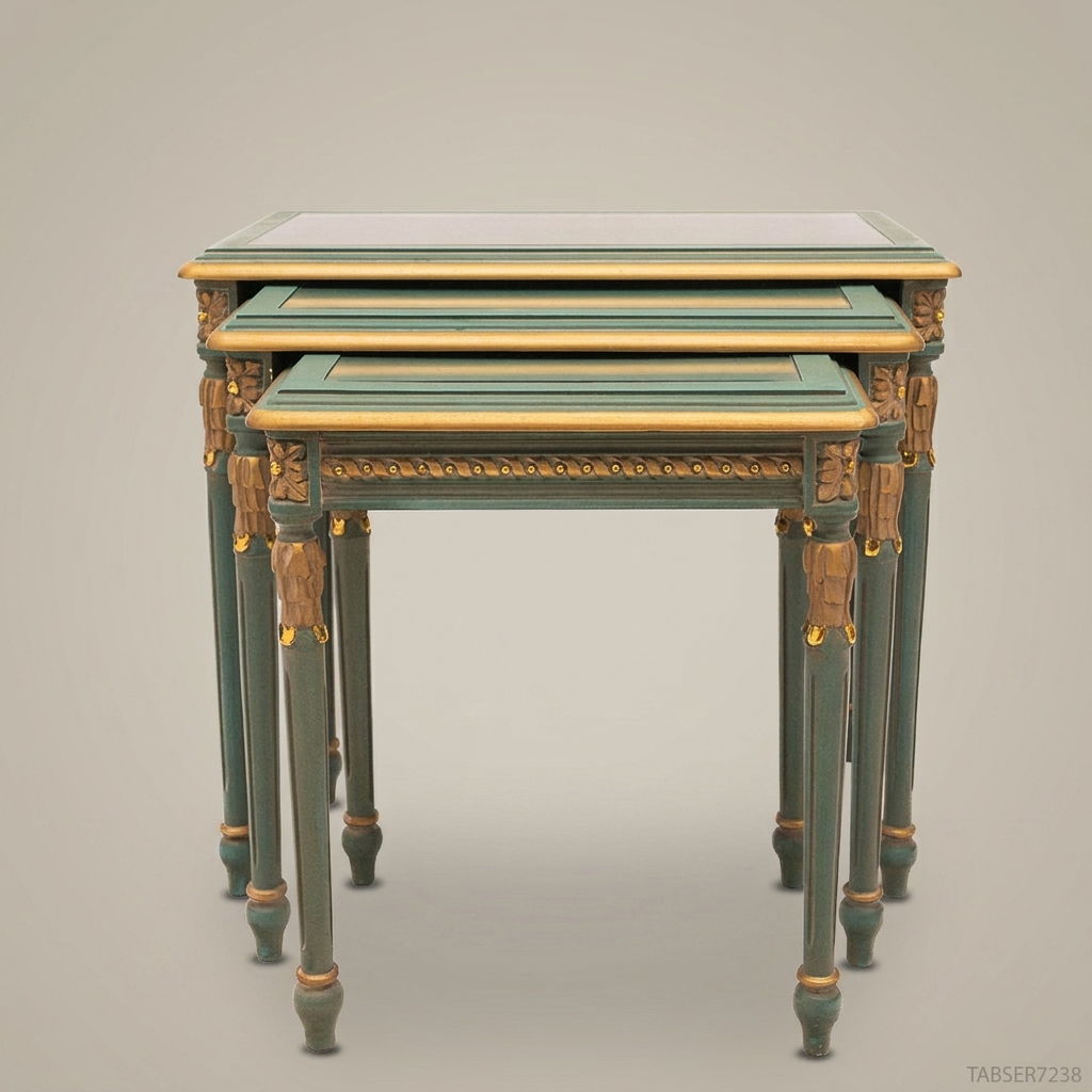 Louis XVI Nesting Tables – Sage Green & Gold Leaf Carved Wood, Set of 3
