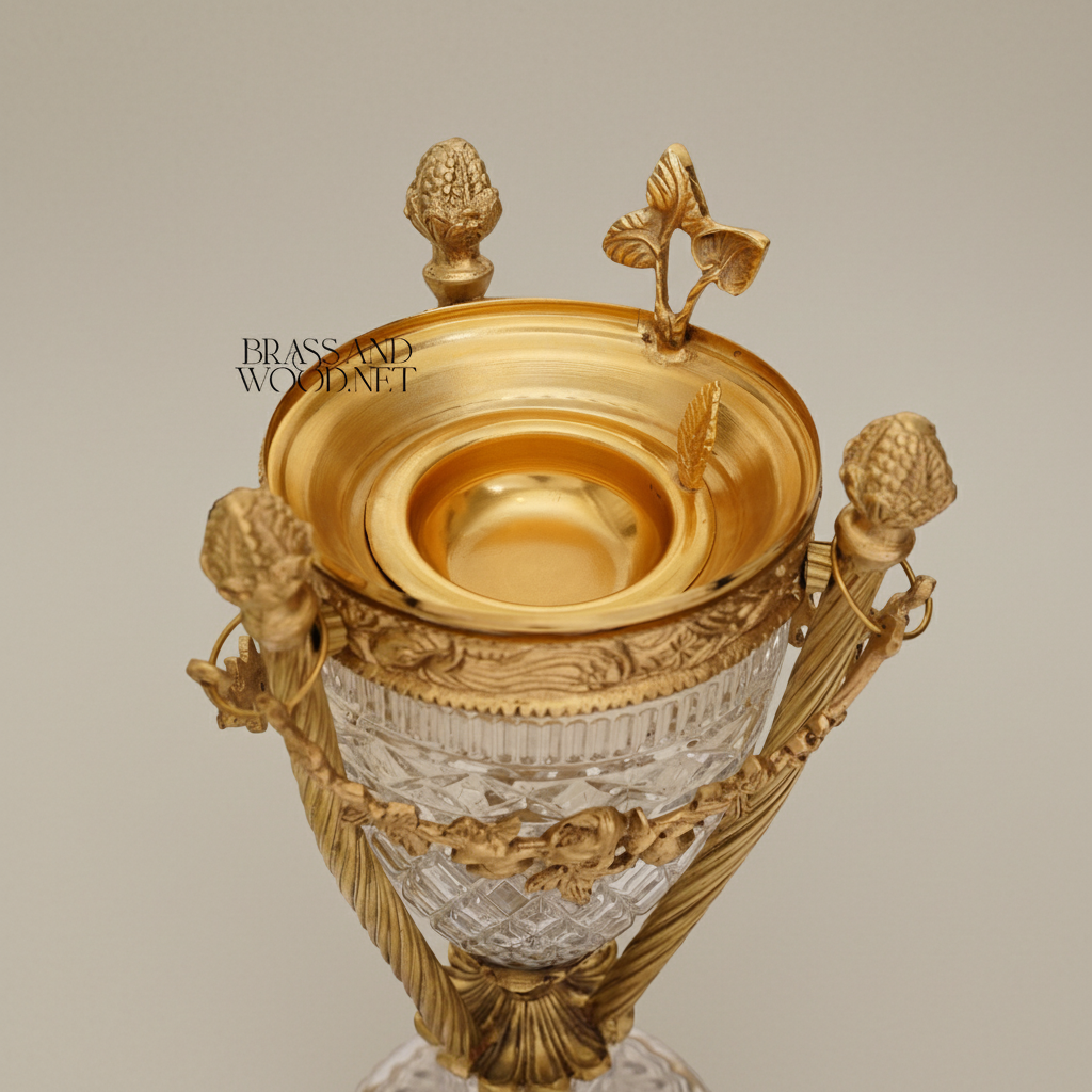 Neoclassical Diamond-Cut Crystal & Brass Incense Burner with Urn Form and Floral Swag Mounts — Antique Gold