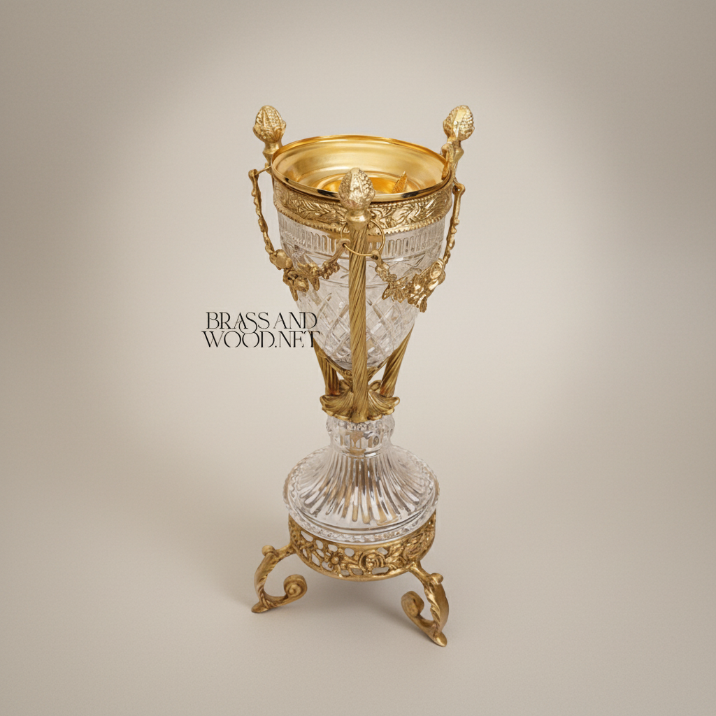 Neoclassical Diamond-Cut Crystal & Brass Incense Burner with Urn Form and Floral Swag Mounts — Antique Gold