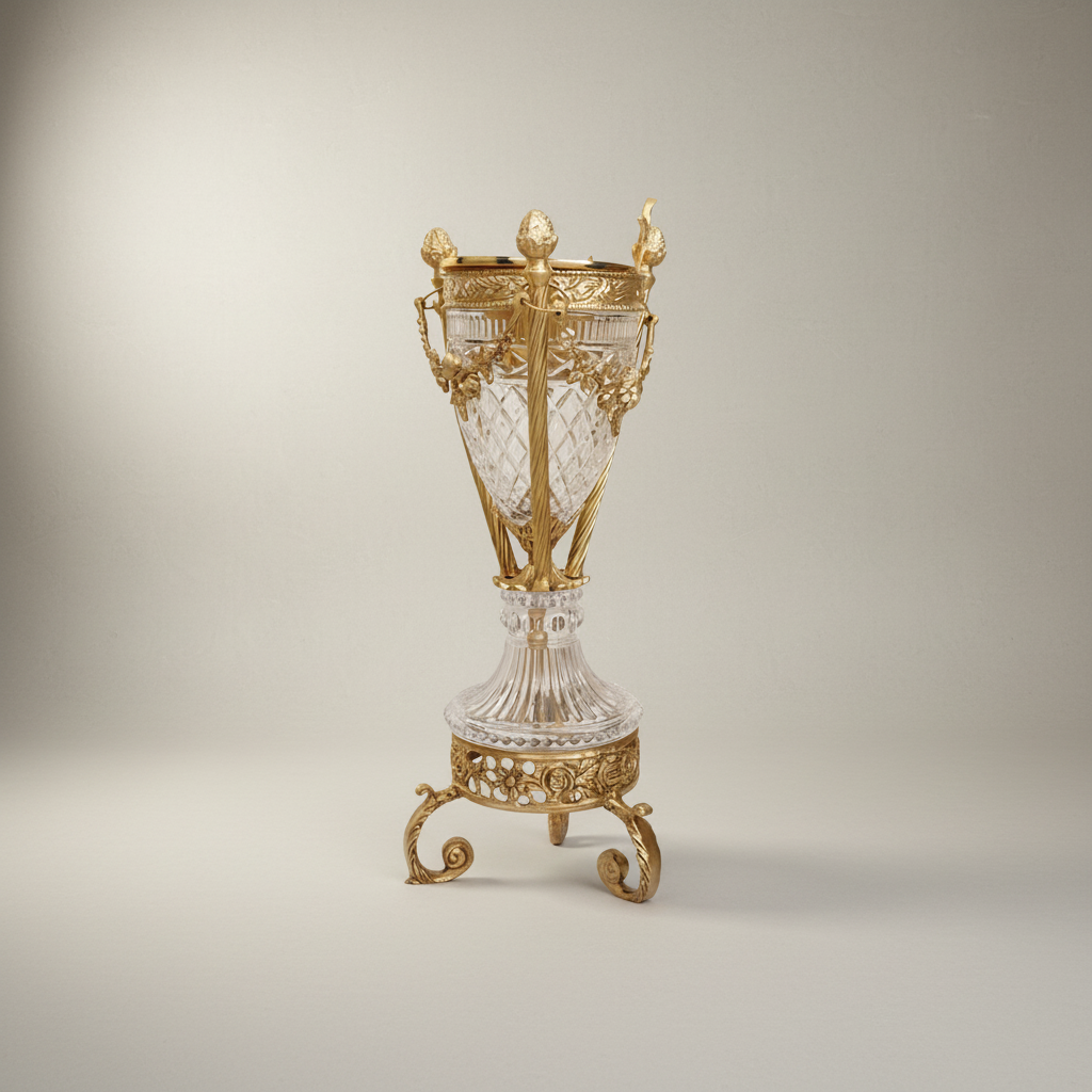 Neoclassical Diamond-Cut Crystal & Brass Incense Burner with Urn Form and Floral Swag Mounts — Antique Gold