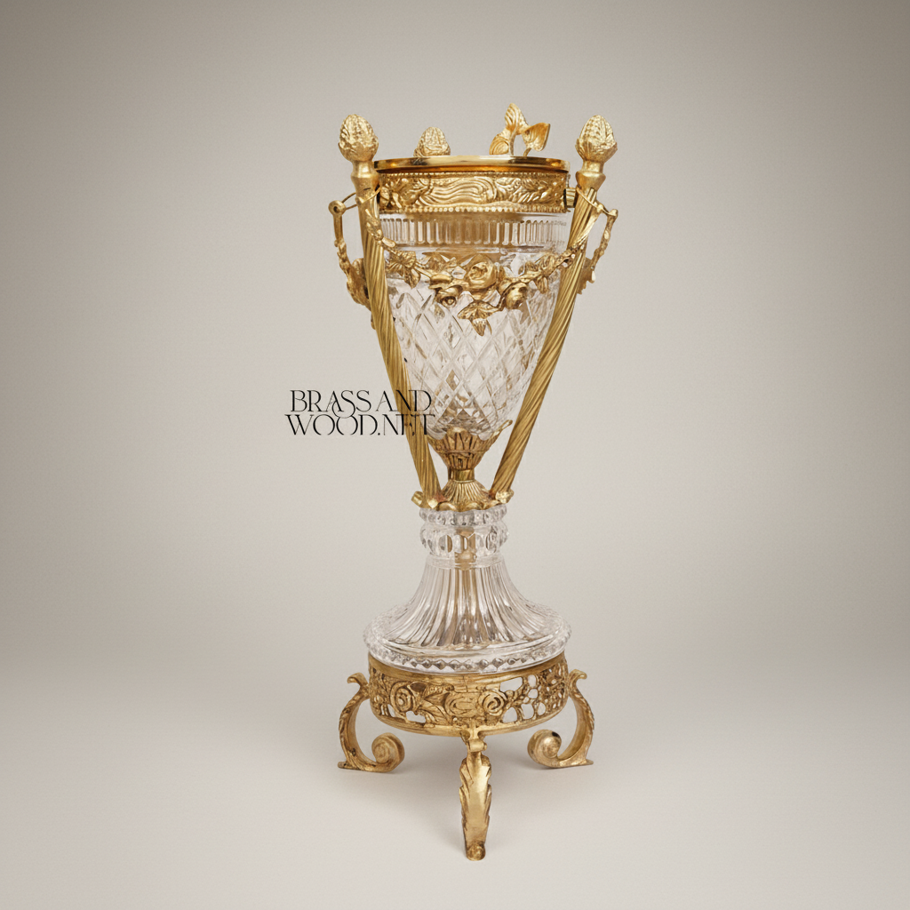 Neoclassical Diamond-Cut Crystal & Brass Incense Burner with Urn Form and Floral Swag Mounts — Antique Gold