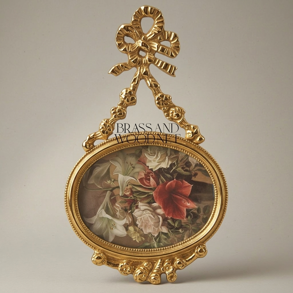 Louis XVI Oval Brass Picture Frame with Bow & Floral Garland Crest — Gold