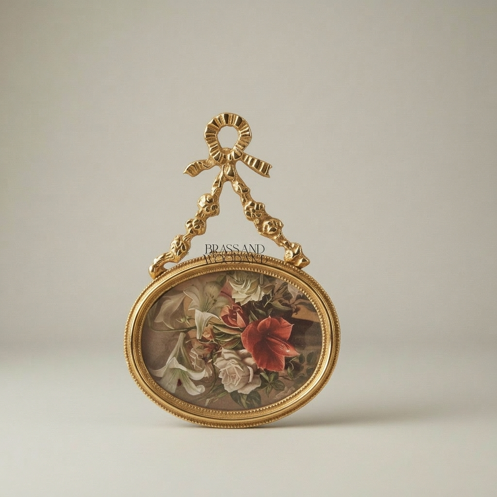 Louis XVI Oval Brass Picture Frame with Bow & Floral Garland Crest — Gold
