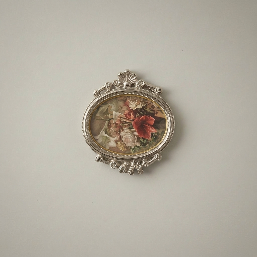 Louis XVI Oval Brass Picture Frame with Bow & Floral Garland Crest — Silver
