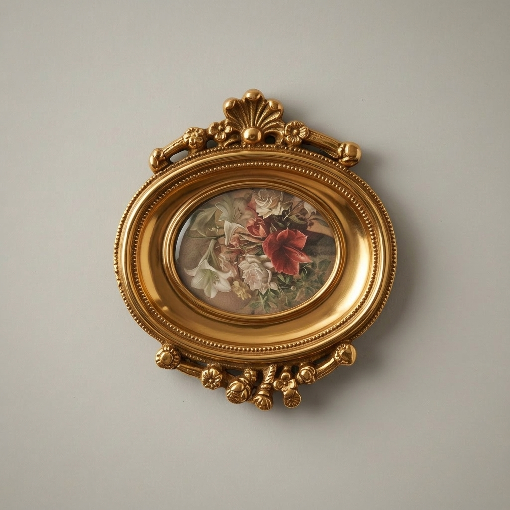 Louis XVI Oval Brass Picture Frame with Bow & Floral Garland Crest — Gold
