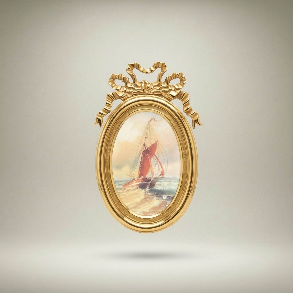 Louis XVI Oval Wall Plate with Bow-Crown Frame & Nautical Painting — Gold
