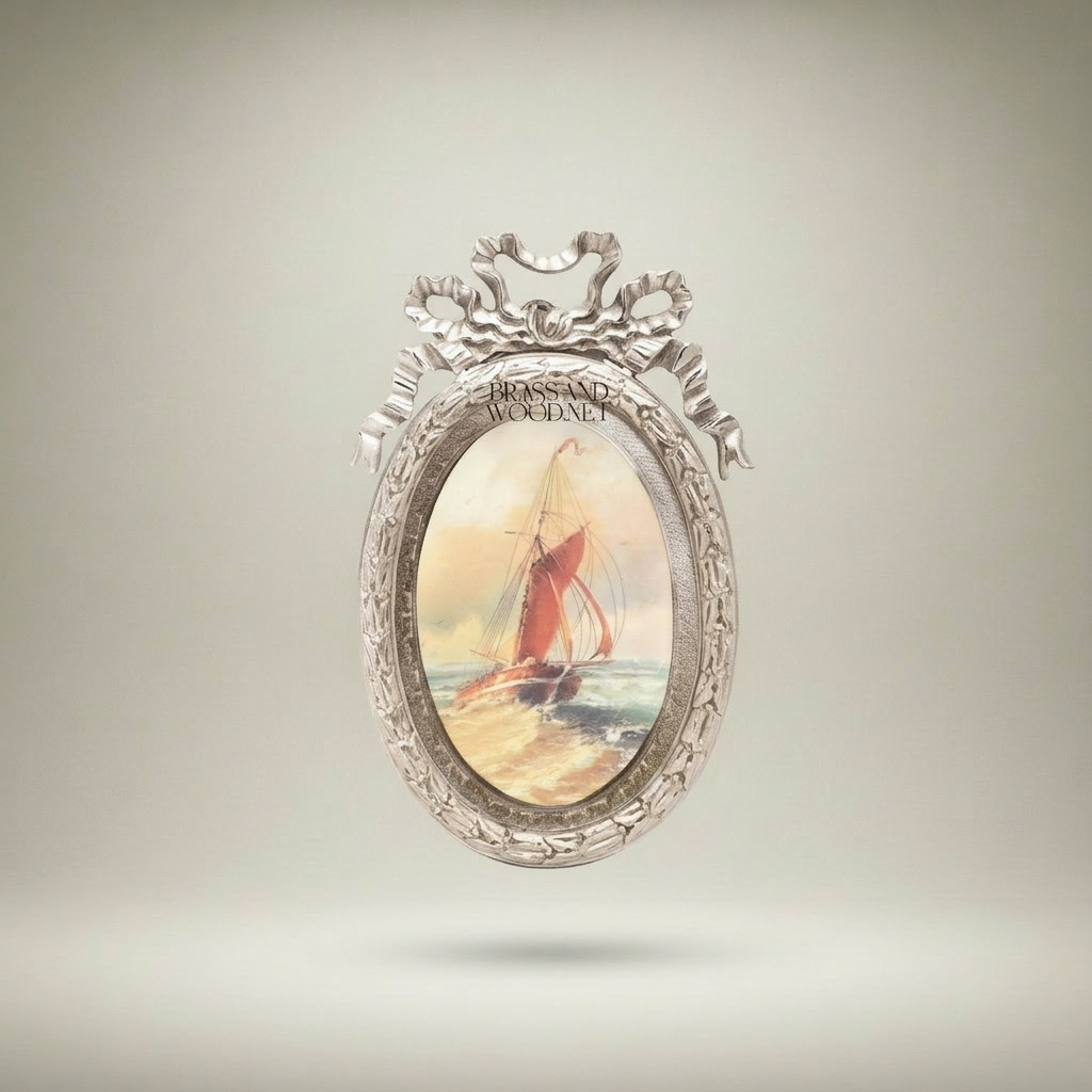 Louis XVI Oval Wall Plate with Bow-Crown Frame & Nautical Painting — Silver