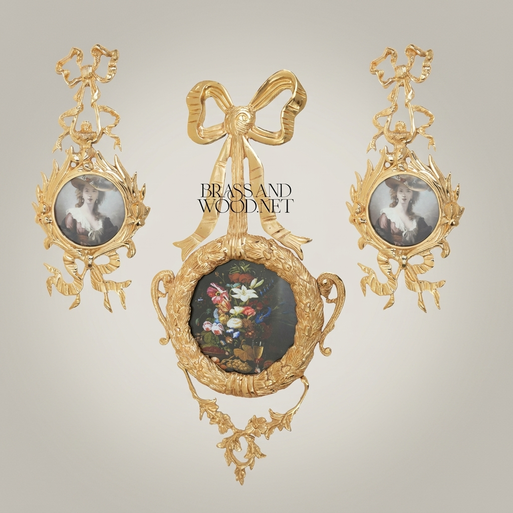 Louis XVI Rococo Brass Picture Frame Set with Ribbon Bow Crest & Acanthus Scrollwork