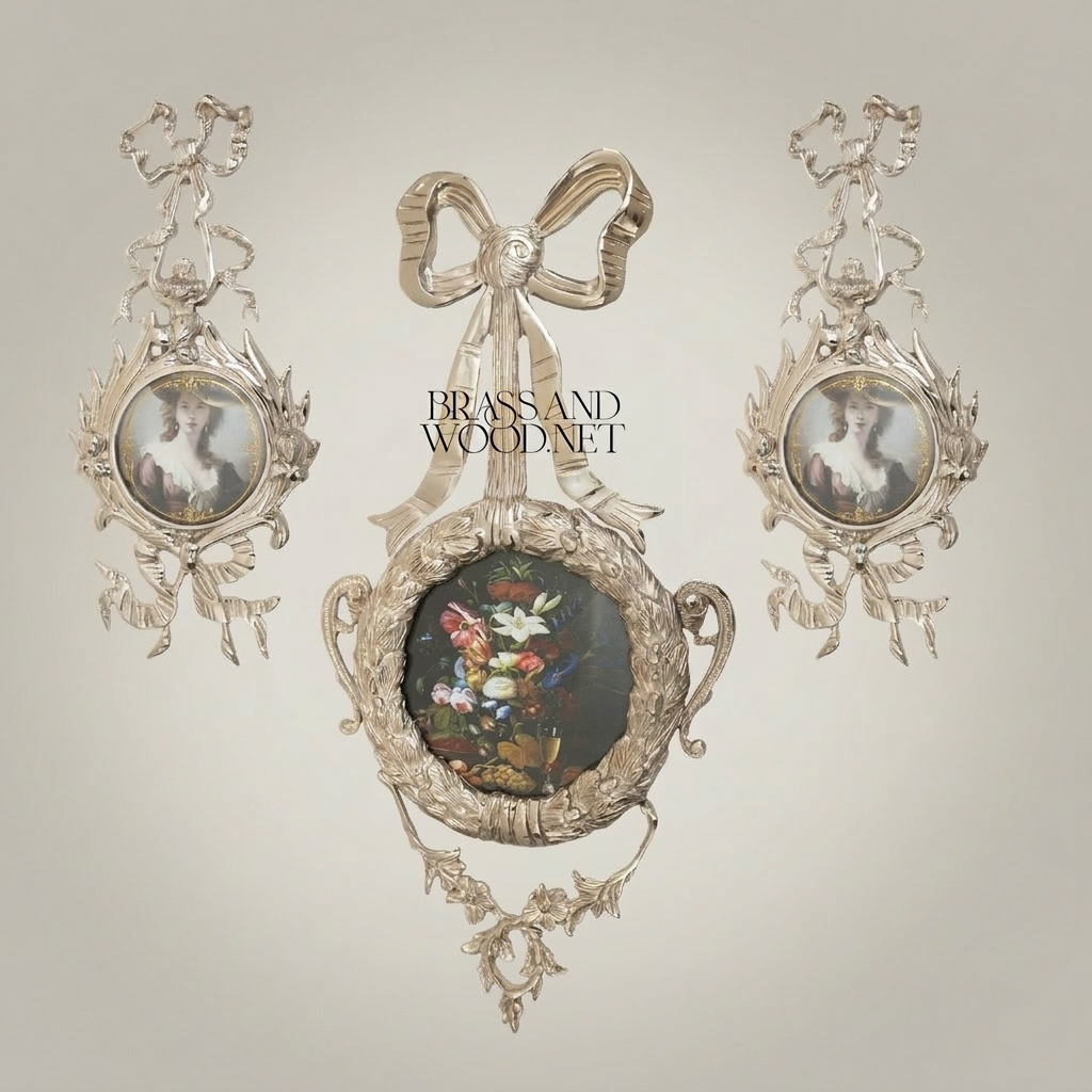 Louis XVI Rococo Brass Picture Frame Set with Ribbon Bow Crest & Acanthus Scrollwork — Silver