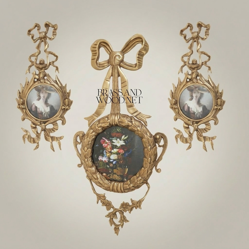 Louis XVI Rococo Brass Picture Frame Set with Ribbon Bow Crest & Acanthus Scrollwork — Antique Gold