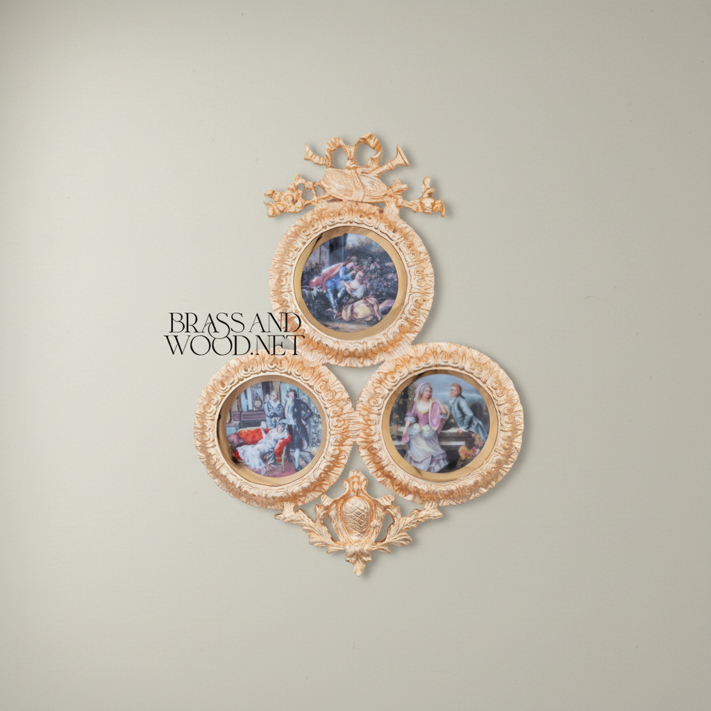 Louis XVI Rococo Triple Round Wall Frame Set with Trumpet Crest & Acanthus Motifs — Gold