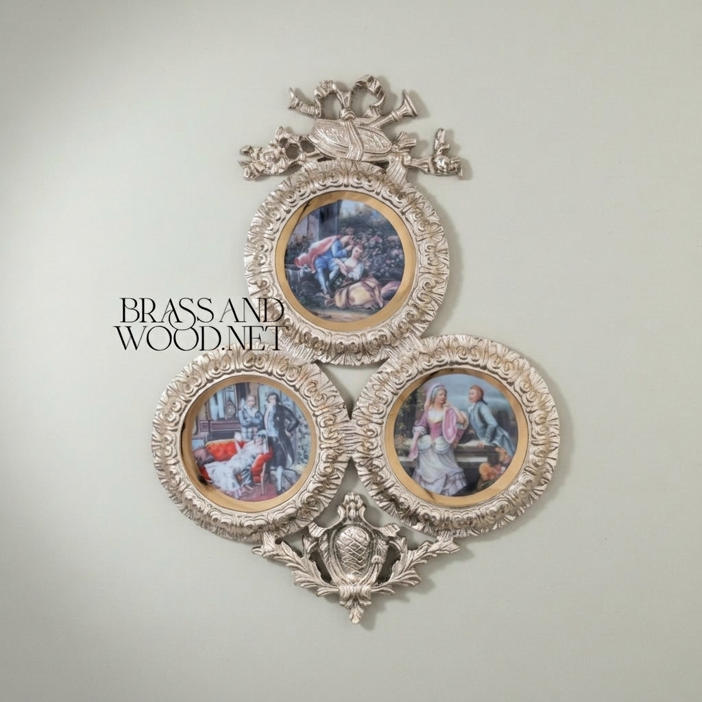 Louis XVI Rococo Triple Round Wall Frame Set with Trumpet Crest & Acanthus Motifs — Silver