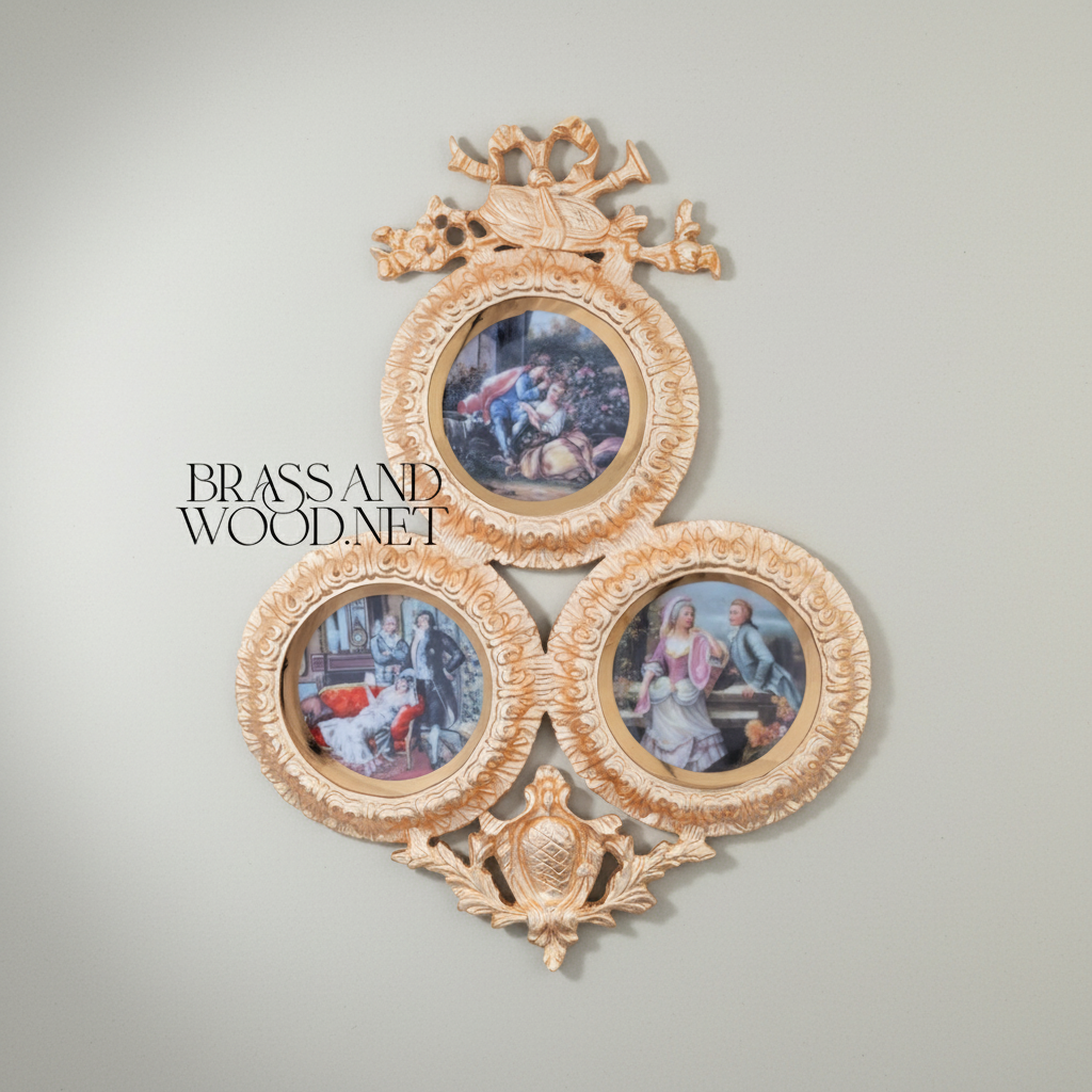 Louis XVI Rococo Triple Round Wall Frame Set with Trumpet Crest & Acanthus Motifs — Gold