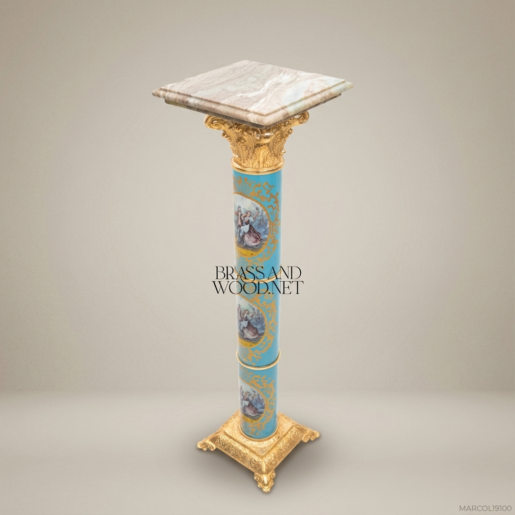 Louis XVI Sèvres-Style Porcelain & Gilt Brass Marble-Top Column Pedestal