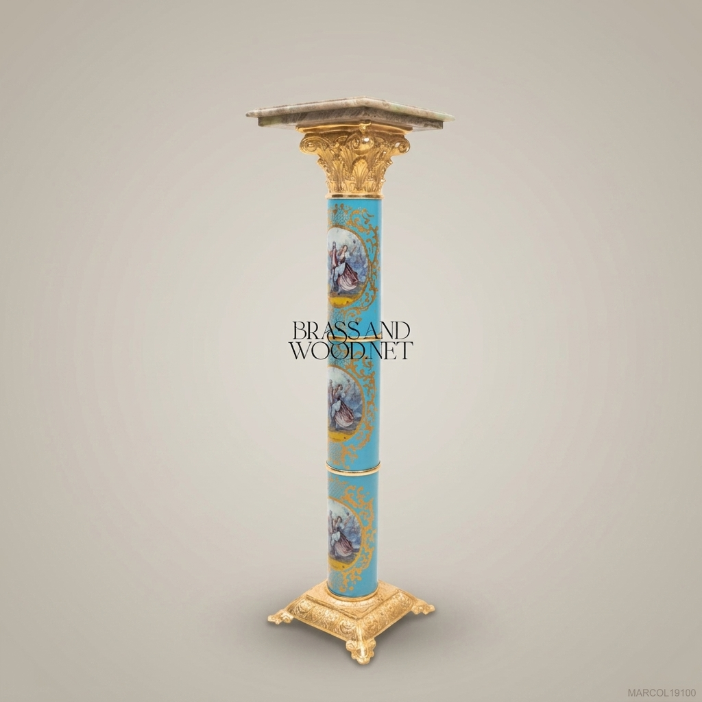Louis XVI Sèvres-Style Porcelain & Gilt Brass Marble-Top Column Pedestal