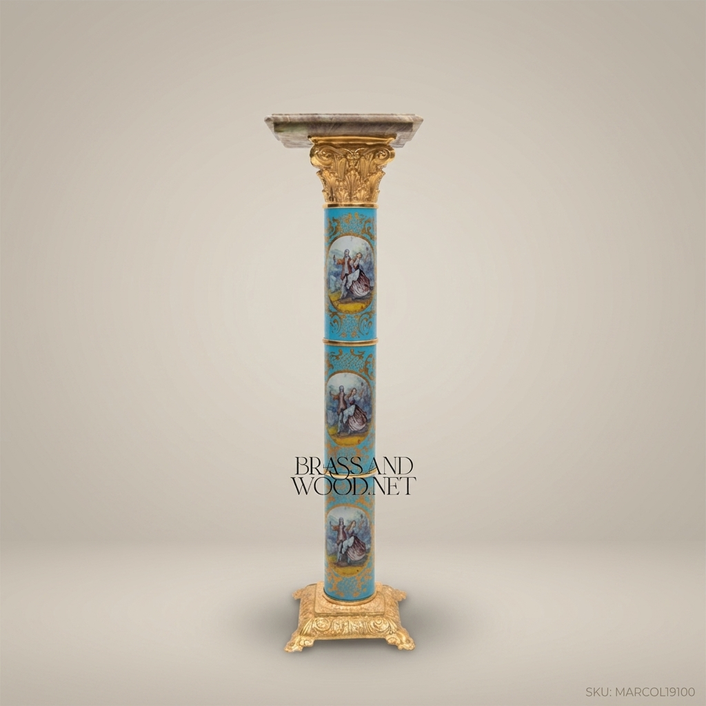 Louis XVI Sèvres-Style Porcelain & Gilt Brass Marble-Top Column Pedestal