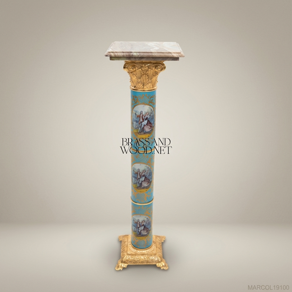 Louis XVI Sèvres-Style Porcelain & Gilt Brass Marble-Top Column Pedestal