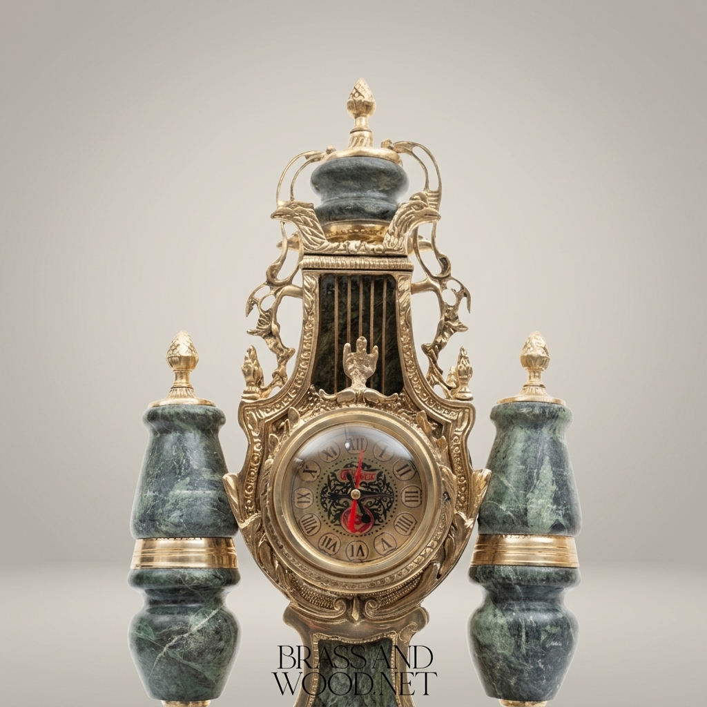 Lyre-Form Marble & Brass Mantel Clock Garniture with Candelabra — Antique Gold
