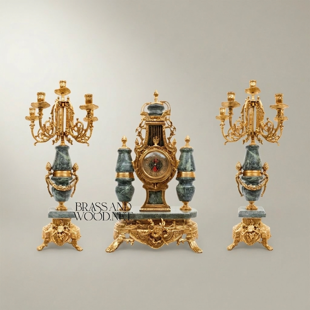 Lyre-Form Marble & Brass Mantel Clock Garniture with Candelabra — Gold