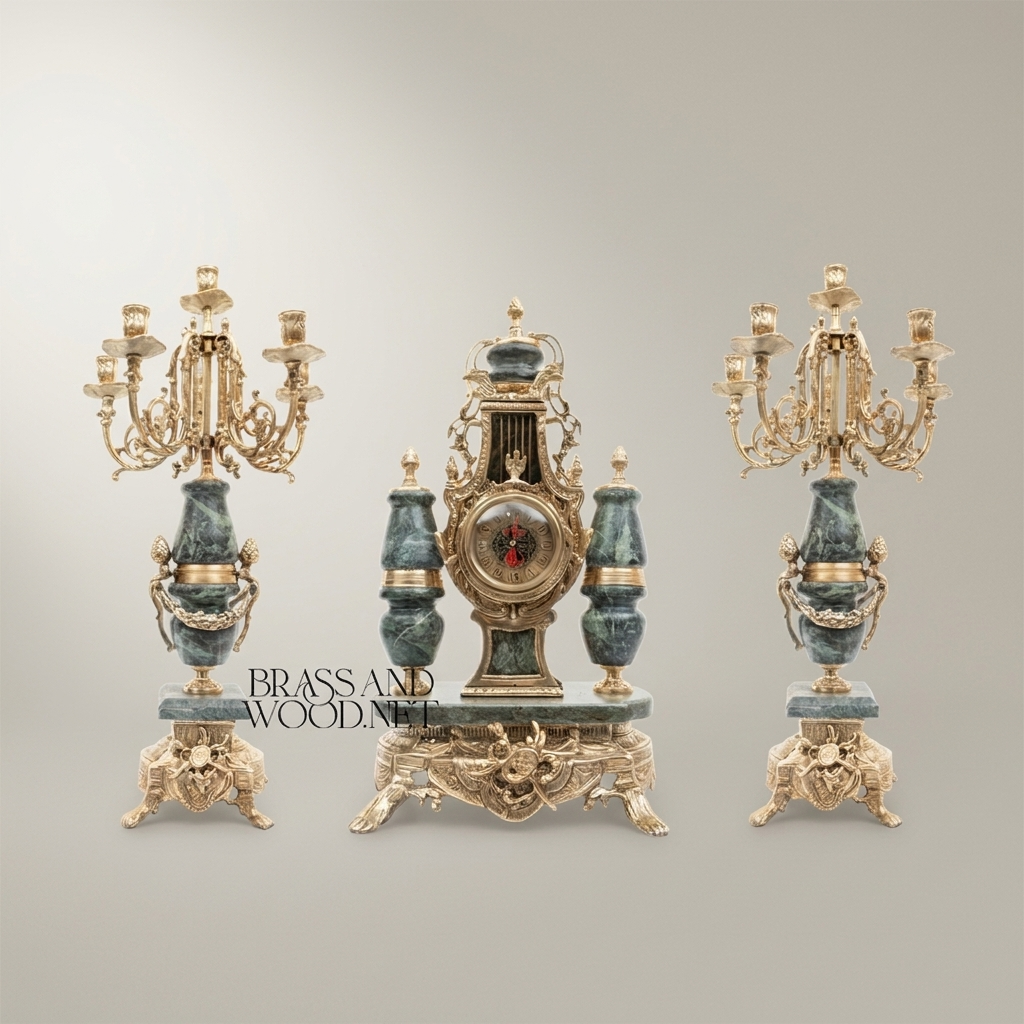 Lyre-Form Marble & Brass Mantel Clock Garniture with Candelabra — Antique Gold